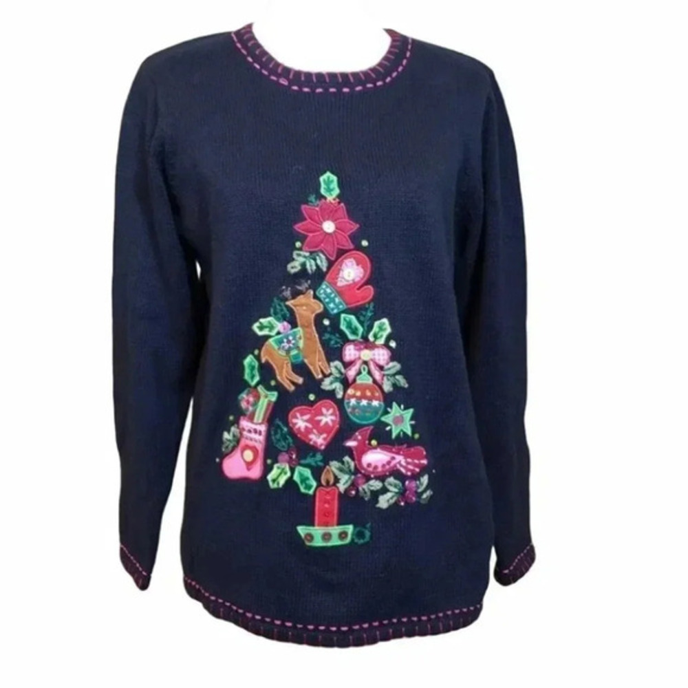 Vintage Quacker Factory M black & multicolored Christmas Tree sweater lights up